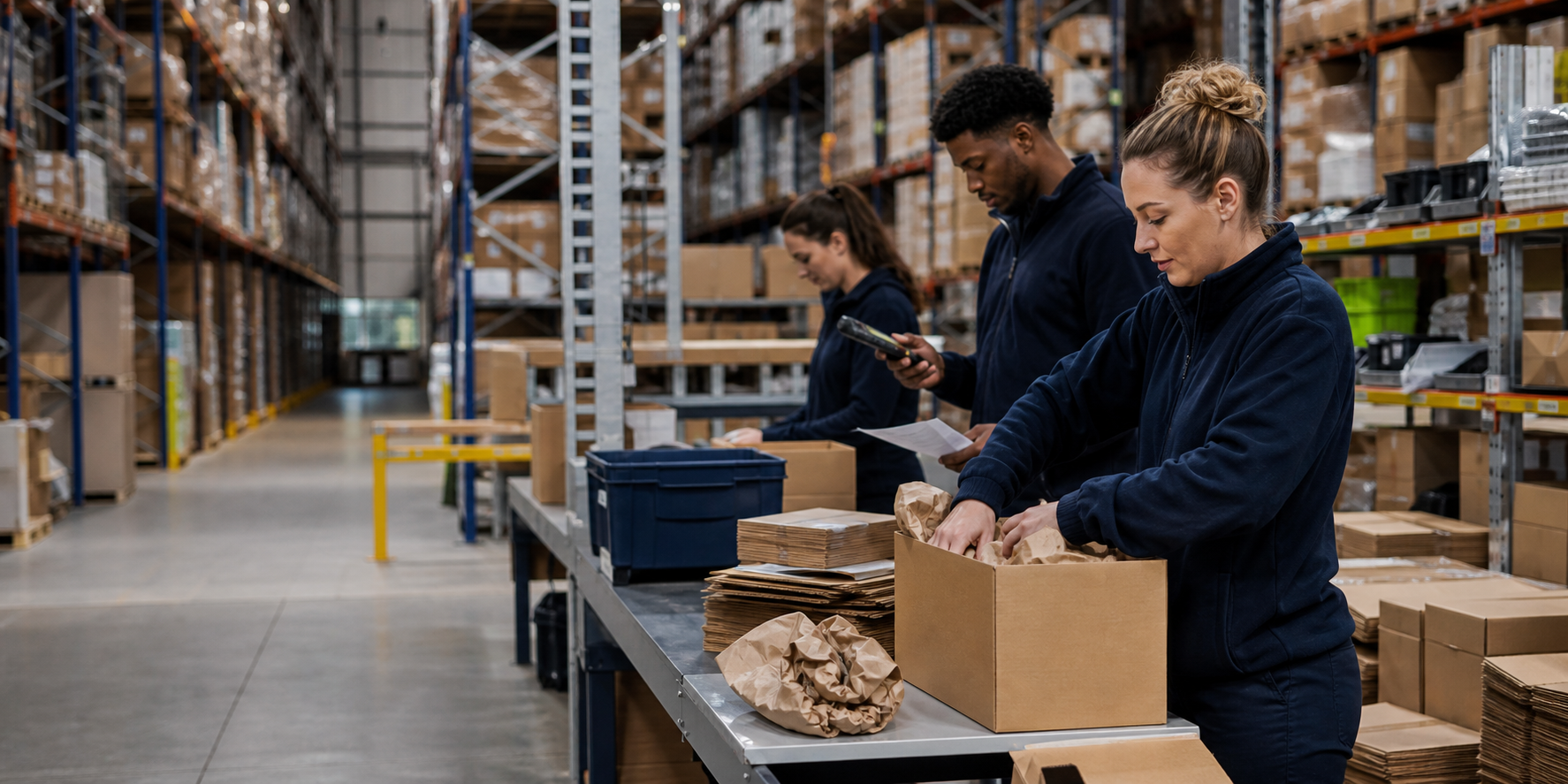 Fulfilment team packing customer orders with warehouse racking behind them
